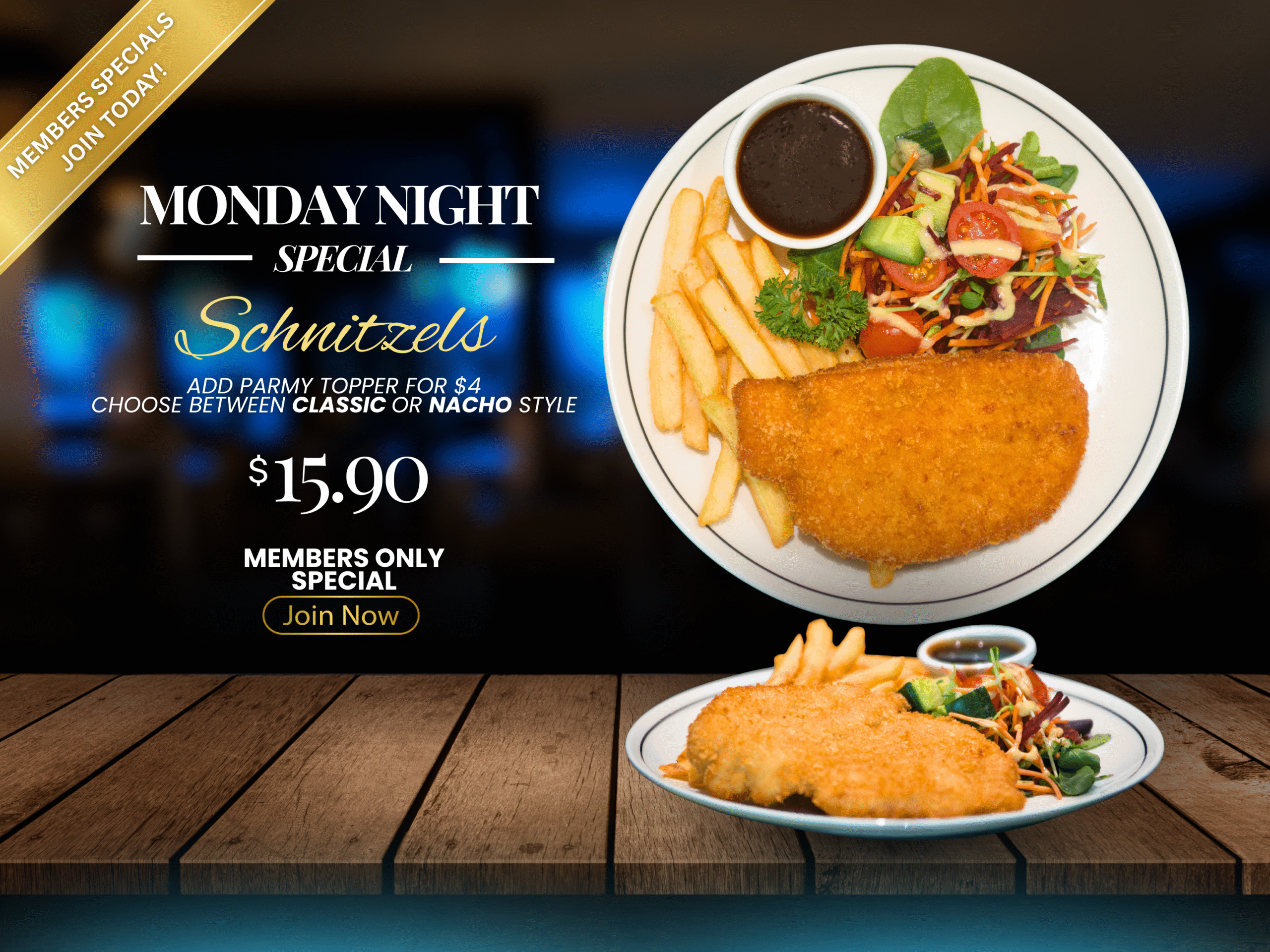 Monday Dinner Special with Schnitzels at Bundaberg RSL Club