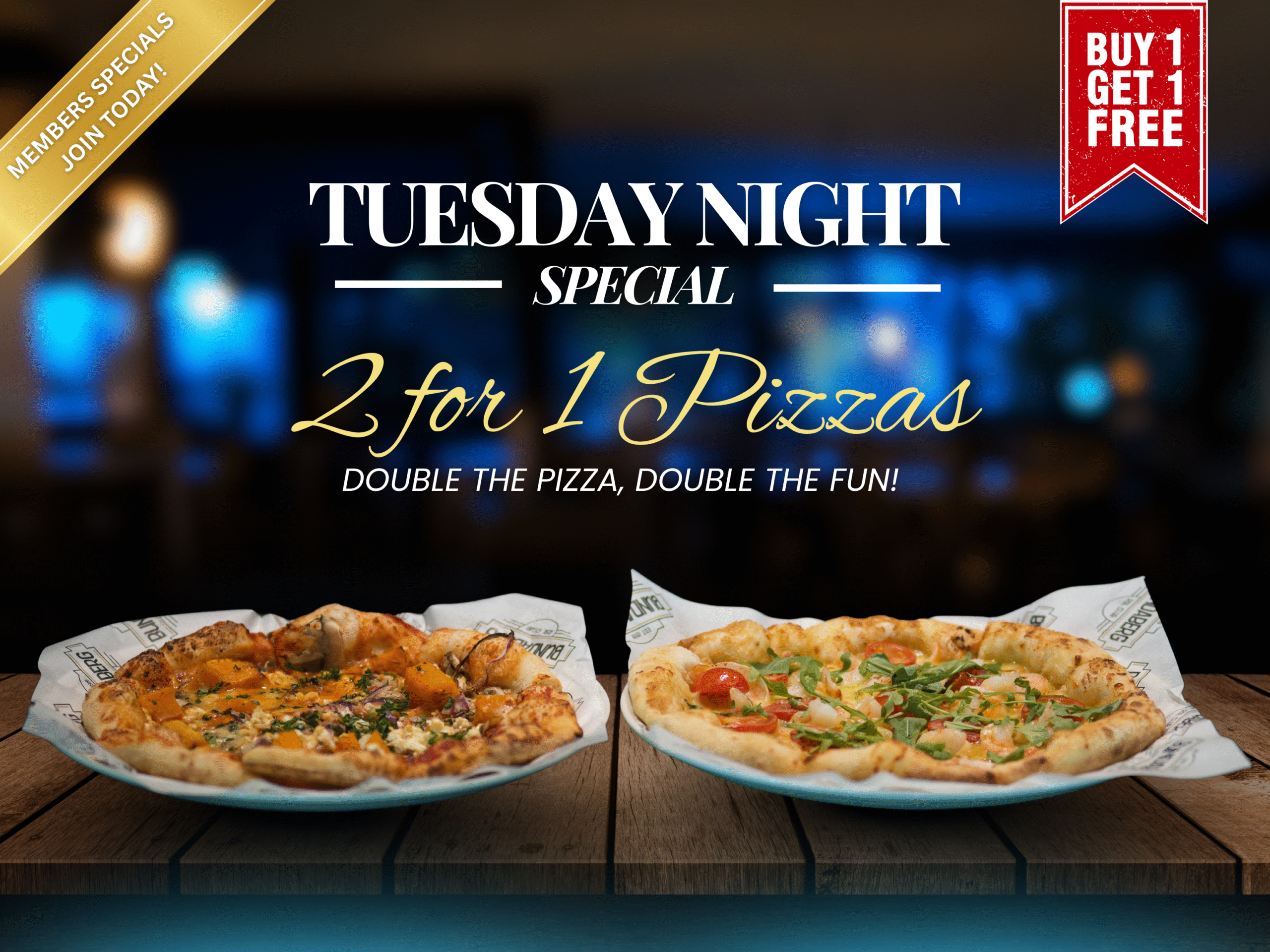 Tuesday Dinner Special with 2 for 1 Pizzas at Bundaberg RSL Club