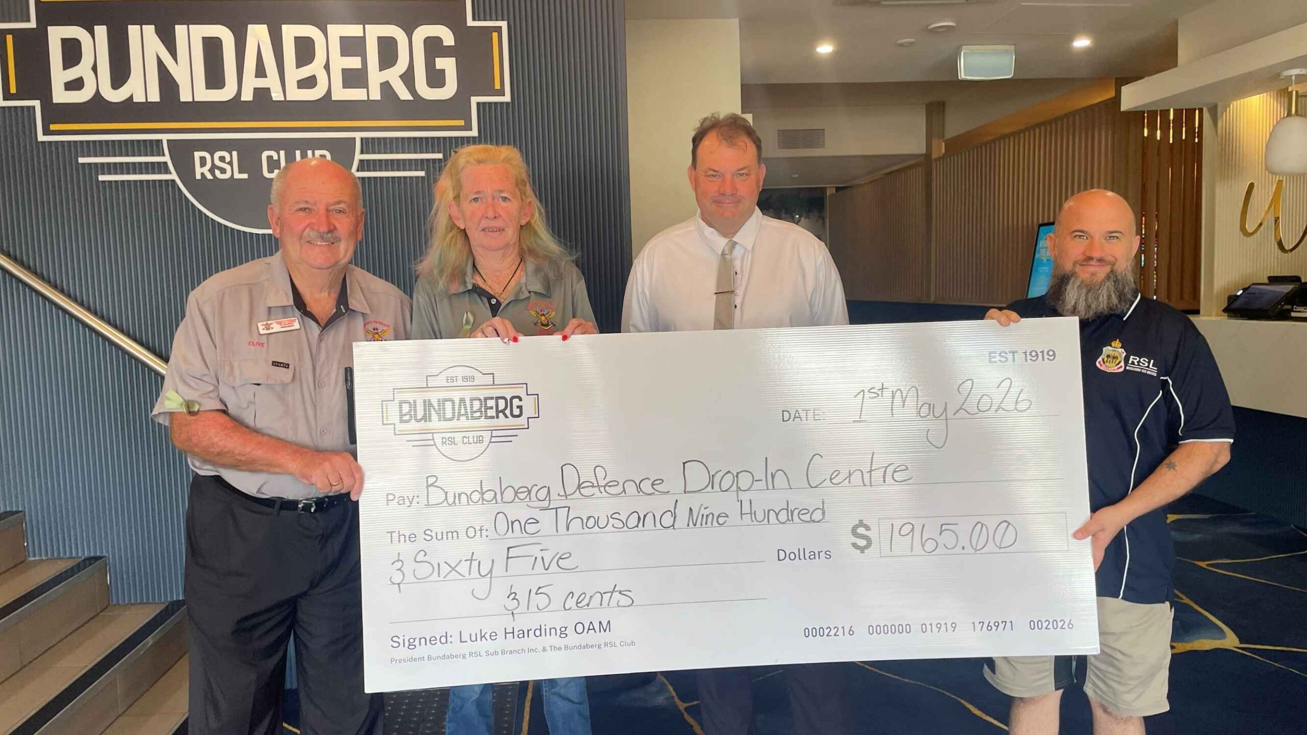 Defence Veterans Drop-In Centre receiving donation from Bundaberg RSL Club; Bundaberg RSL Club community raffle donation presentation; Veterans support community donation Bundaberg