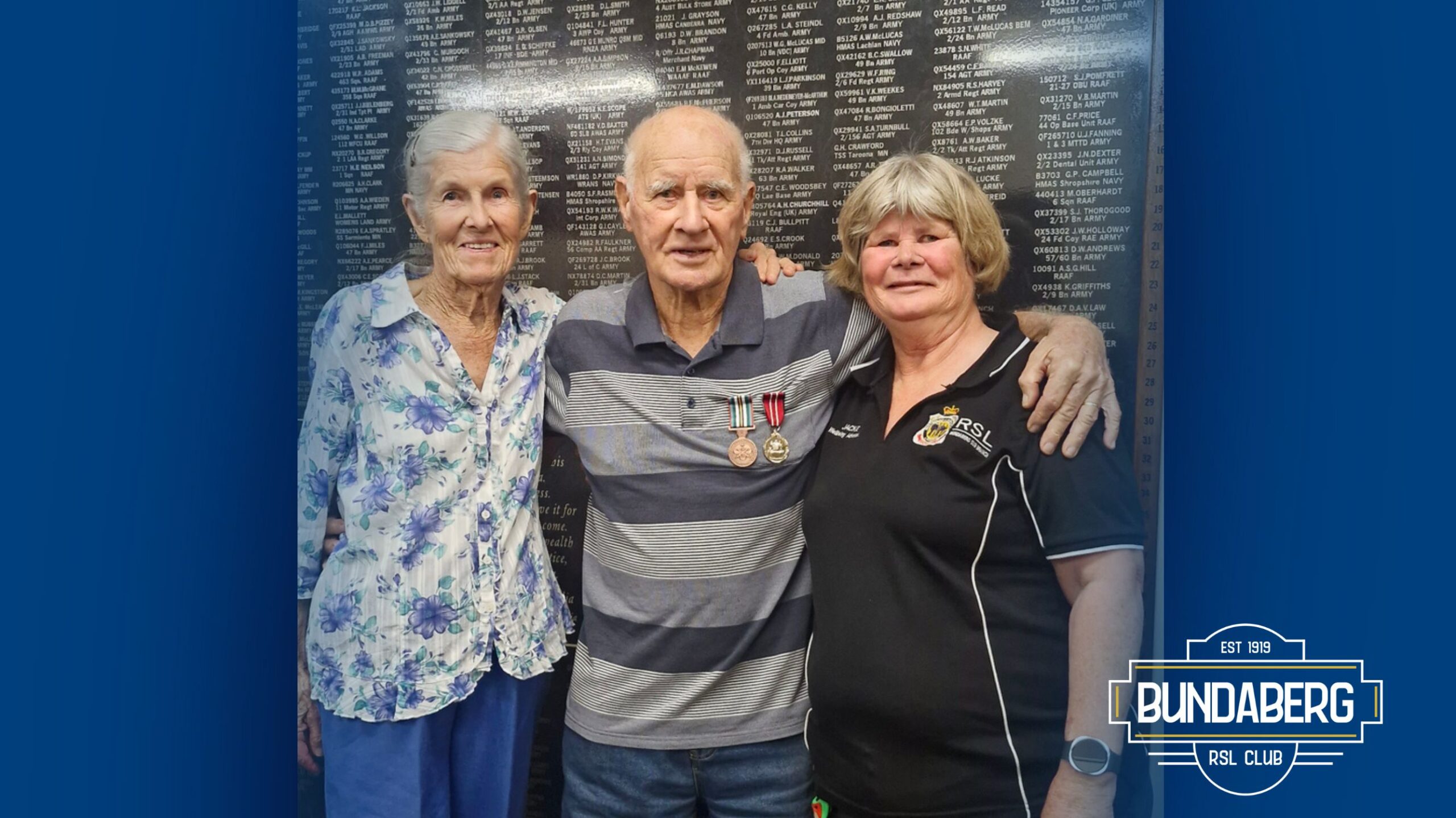 93-year-old Veteran Len Mahaffey receives his Australian National Service Medal and Australian Defence Medal from Bundaberg RSL Sub Branch Wellbeing Advocate Jackie Stemm.